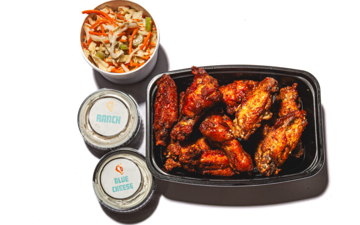 Single order of wings from Woodie's Wings with slaw and a choice of ranch or blue cheese dip