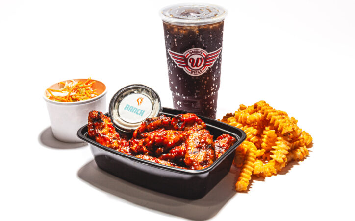 Woodie's Wings single order traditional wings, fries, cole slaw, and a fountain drink