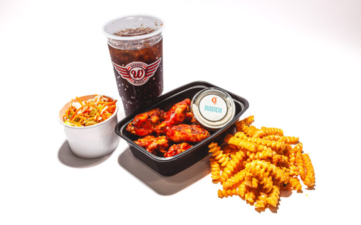 Woodie's Wings Lunch Rush Special with 8pc wings, fries, cole slaw, and a fountain drink